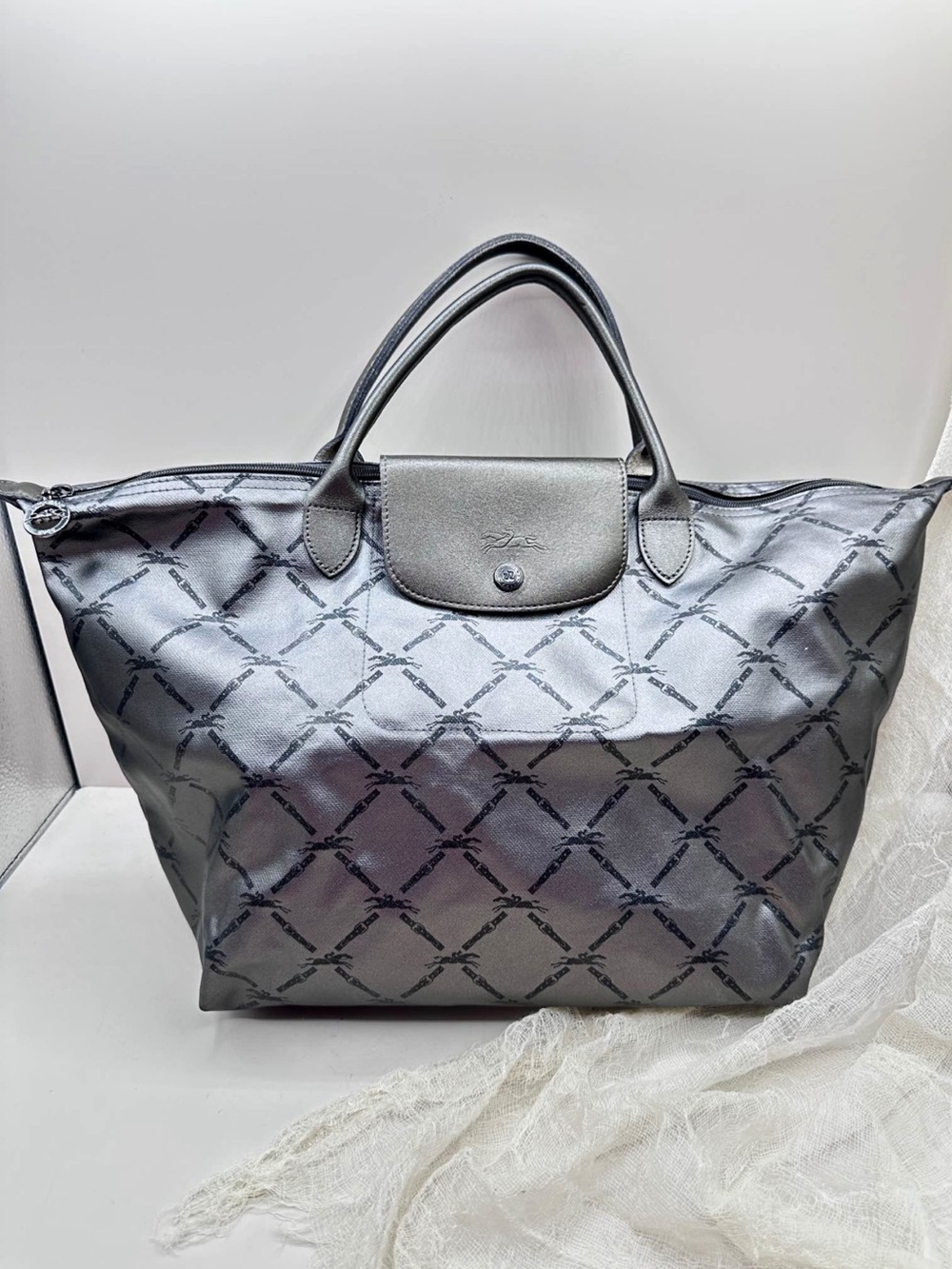 Longchamp Le Pliage Metallic Silver Tote Bag Large